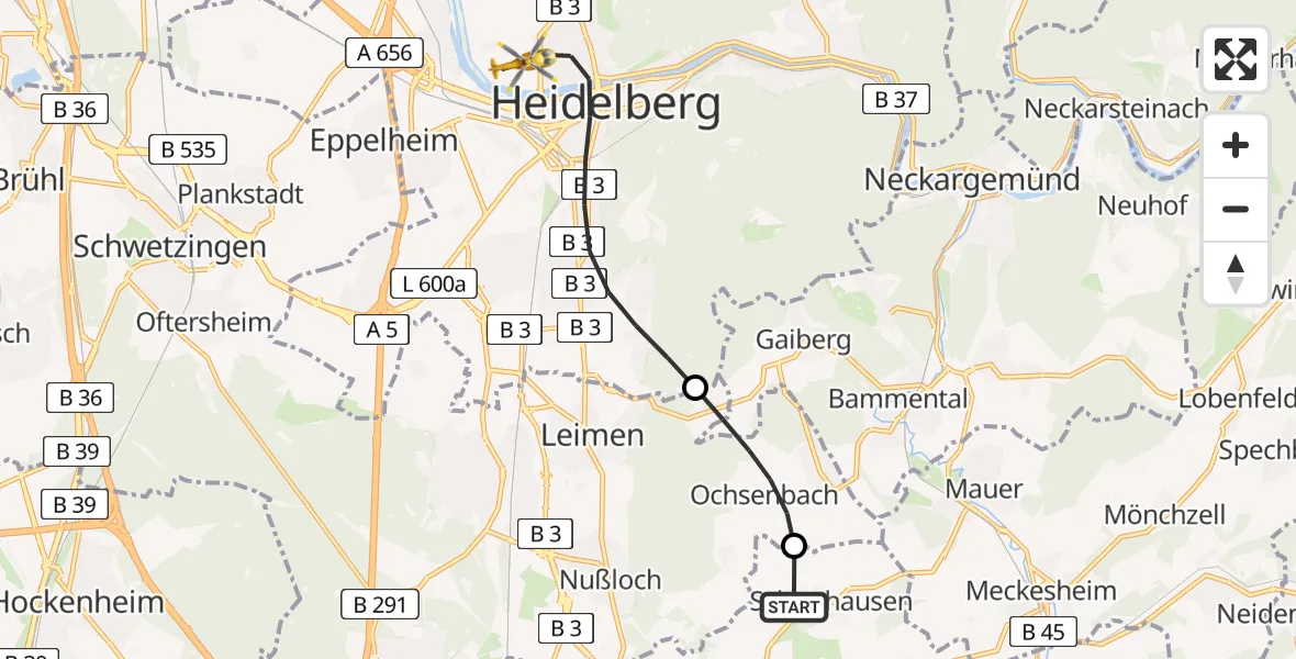 Flugroute Rettungshubschrauber Wiesloch - Heidelberg, 07 Juni 2026, 10:46