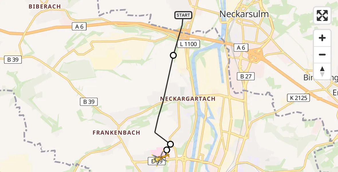 Flugroute Rettungshubschrauber Neckarsulm - Heilbronn Hospital, 07 Juni 2026, 10:48