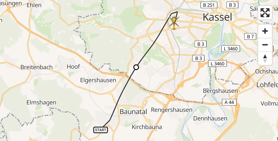 Flugroute Rettungshubschrauber Baunatal - Kassel, 07 Juni 2026, 10:53