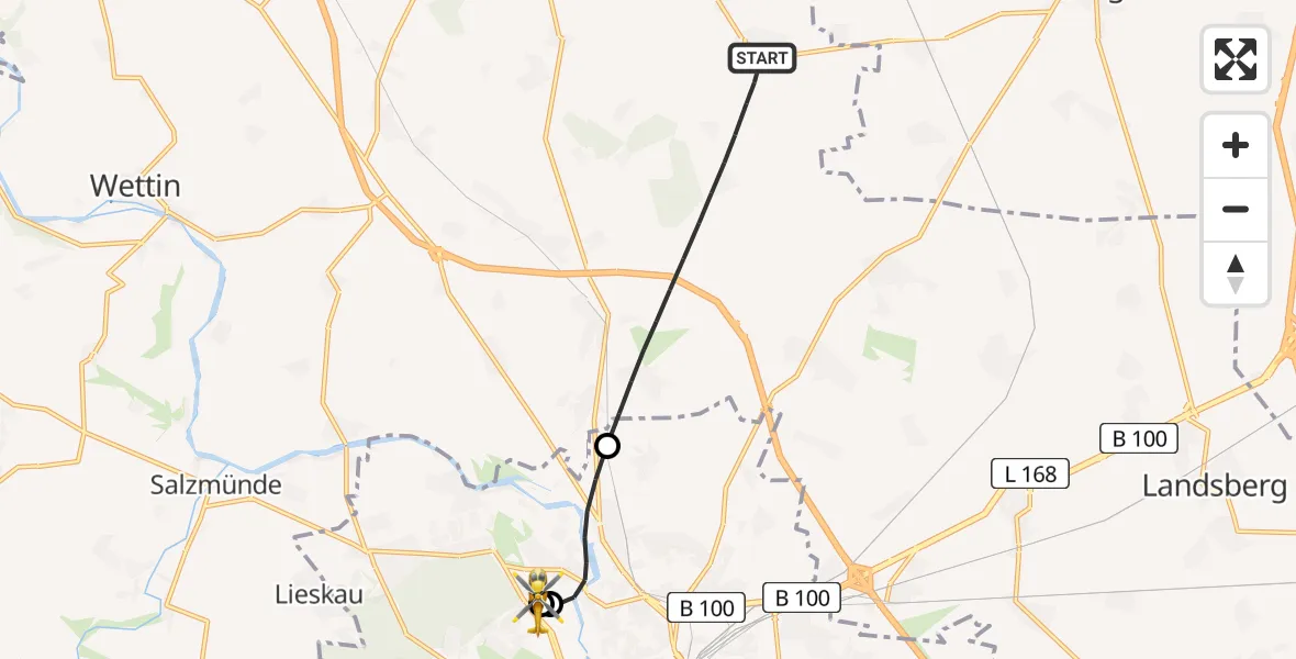 Flugroute Rettungshubschrauber Petersberg - Halle (Saale) University Hospital, 07 Juni 2026, 10:53