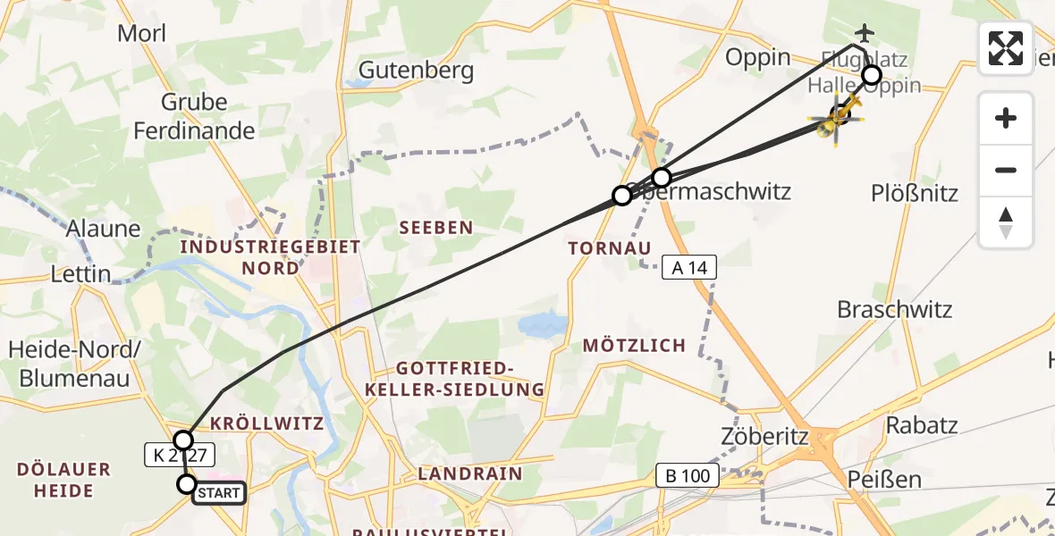 Flugroute Rettungshubschrauber Halle (Saale) University Hospital - Landsberg, 07 Juni 2026, 10:57