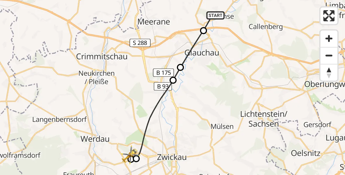 Flugroute Rettungshubschrauber Remse - ADAC Air Rescue Station Zwickau Hubschrauberlandeplatz, 07 Juni 2026, 11:07