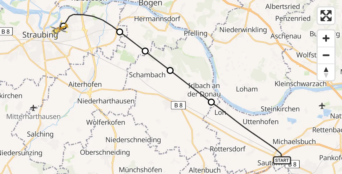 Flugroute Rettungshubschrauber Stephansposching - Sankt Elisabeth Hospital Straubing, 07 Juni 2026, 11:14