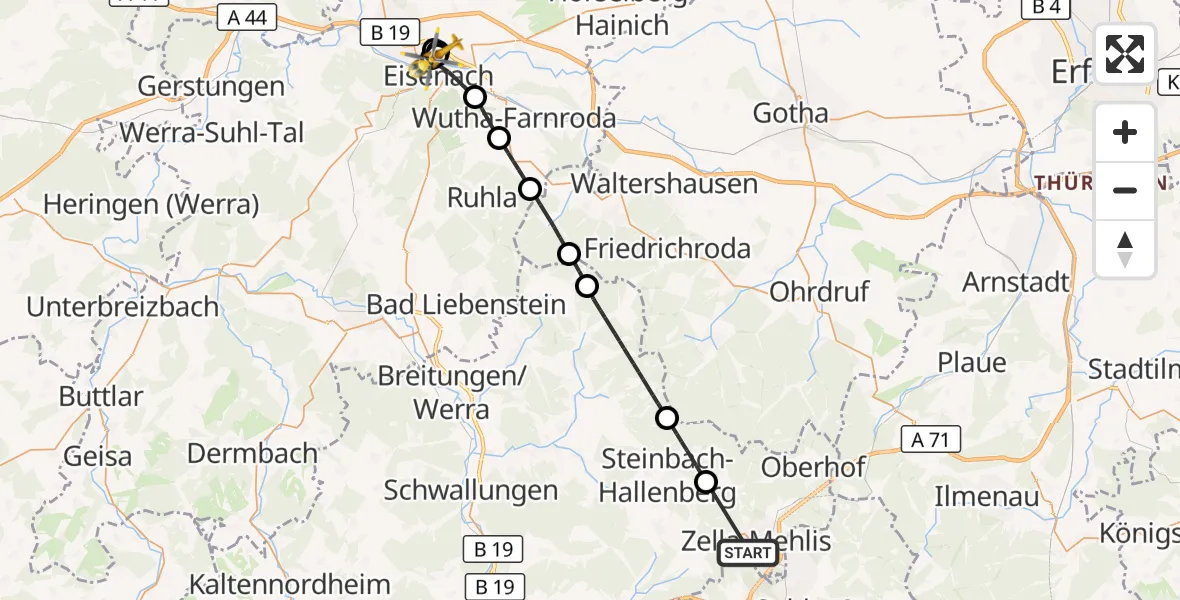 Flugroute Rettungshubschrauber Zella-Mehlis - Sankt Georg Hospital Eisenach, 07 Juni 2026, 11:17