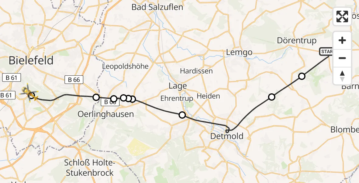 Flugroute Rettungshubschrauber Dörentrup - Luftrettungszentrum Bielefeld, 07 Juni 2026, 11:17