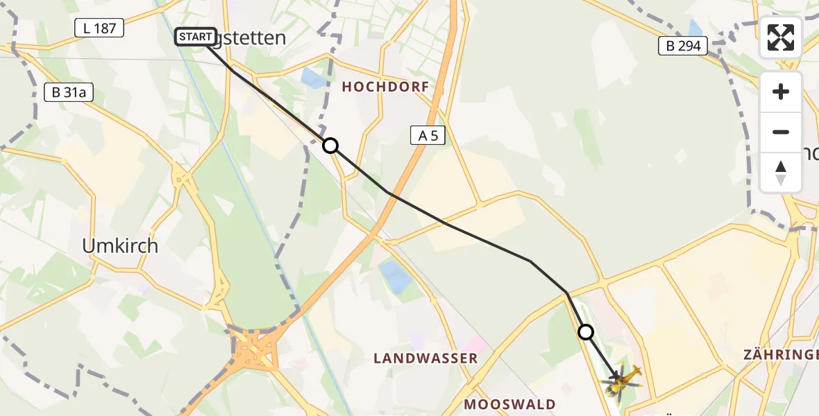 Flugroute Rettungshubschrauber March - Freiburg im Breisgau Flugplatz, 07 Juni 2026, 11:18