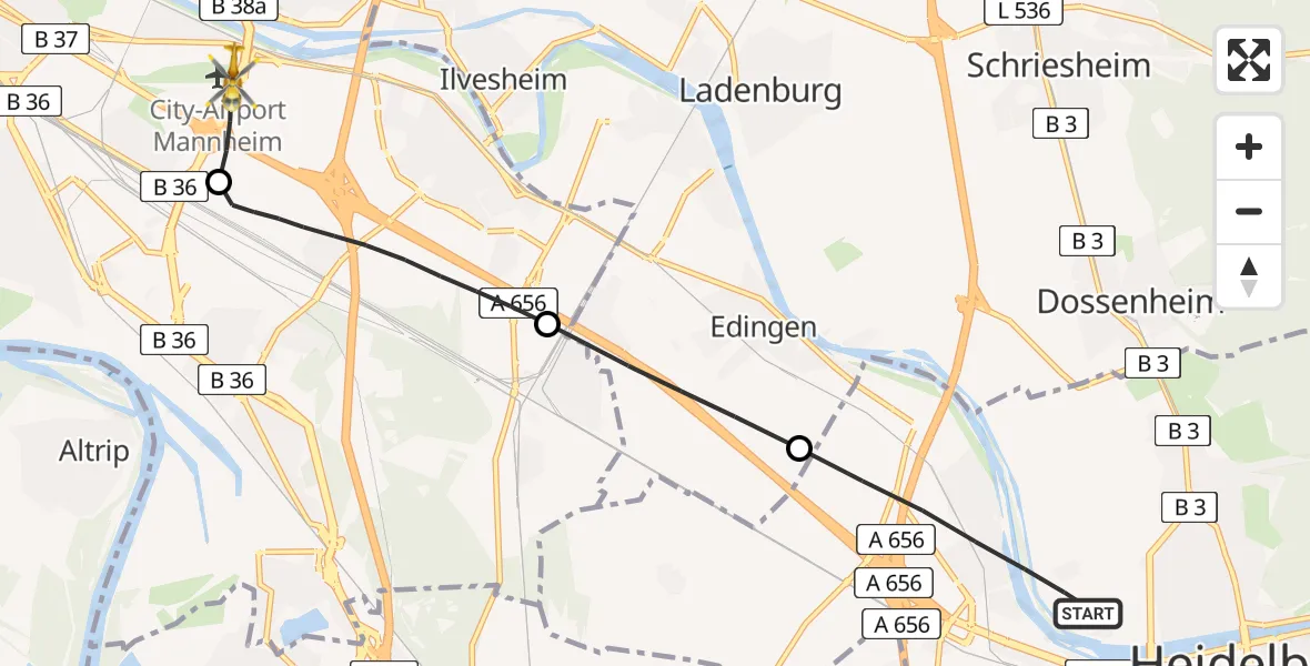 Flugroute Rettungshubschrauber Heidelberg - Mannheim-City Flughafen, 07 Juni 2026, 11:26