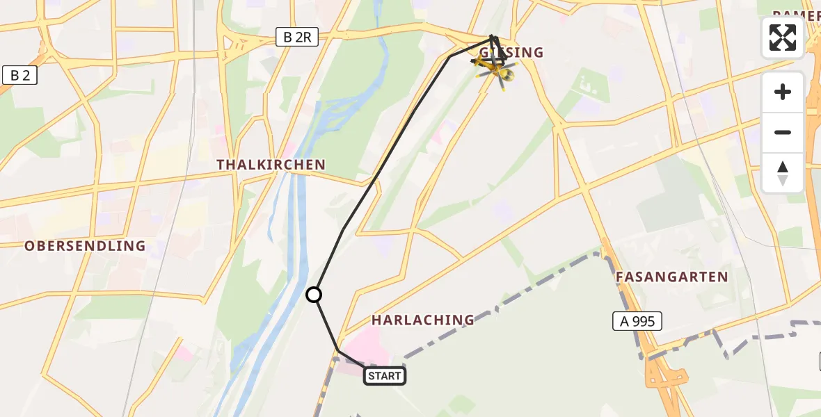 Flugroute Rettungshubschrauber ADAC Air Rescue Center Hubschrauberlandeplatz (Christoph 1) - München, 07 Juni 2026, 11:40