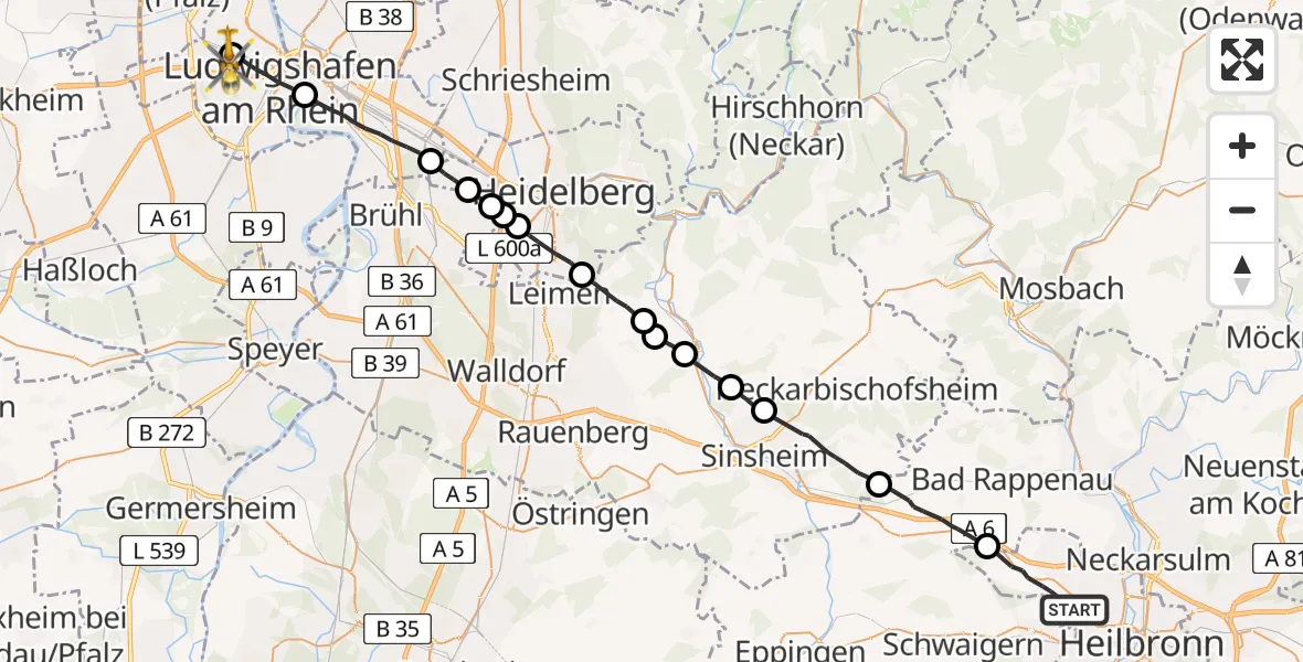 Flugroute Rettungshubschrauber Heilbronn - Ludwigshafen Accident Hospital, 07 Juni 2026, 11:40