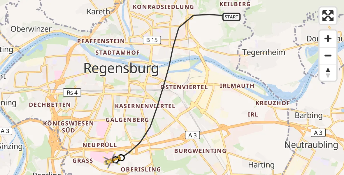 Flugroute Ambulanzhubschrauber Regensburg - DRF Air Rescue Station Regensburg / Regensburg University Hospital, 07 Juni 2026, 11:42