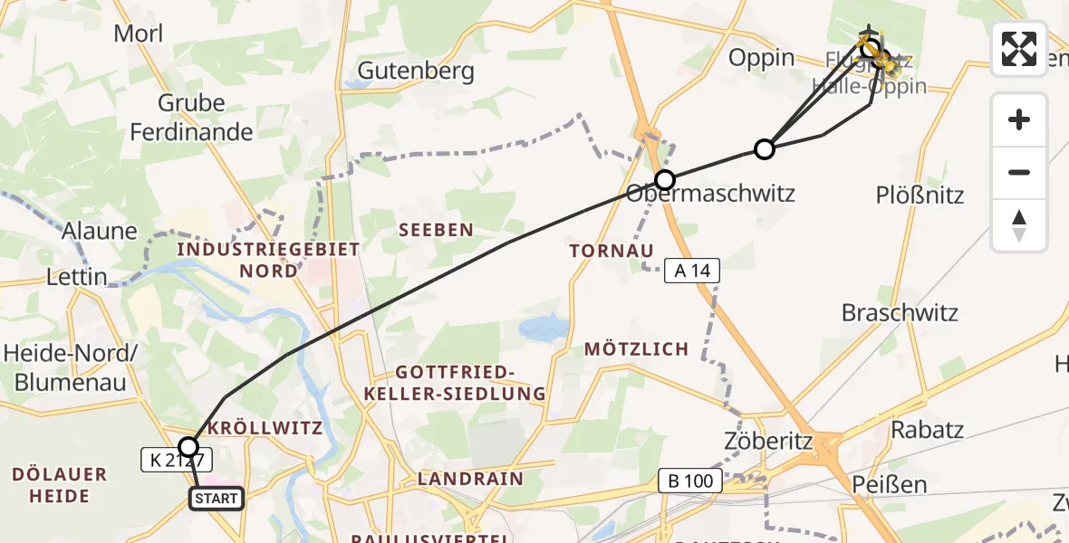 Flugroute Rettungshubschrauber Halle (Saale) University Hospital - Halle-Oppin Flugplatz, 07 Juni 2026, 11:45