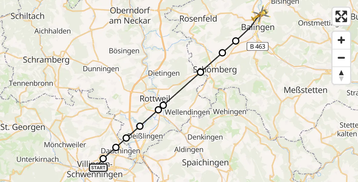 Flugroute Ambulanzhubschrauber DRF Air Rescue Station Villingen-Schwenningen Hubschrauberlandeplatz (Christoph 11) - Balingen, 07 Juni 2026, 11:45