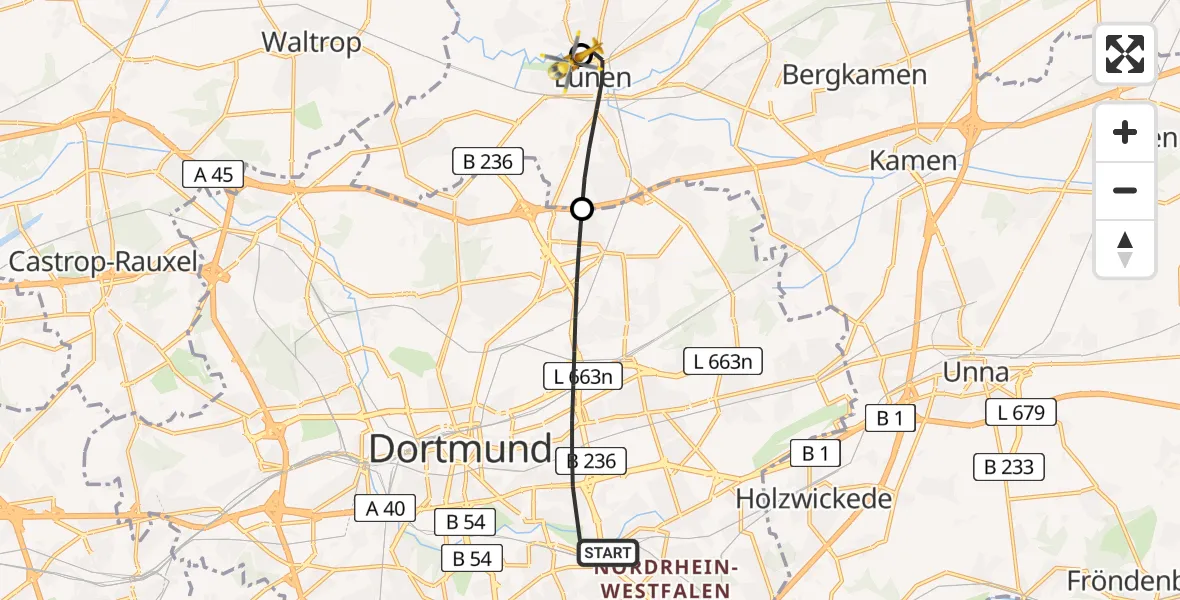Flugroute Rettungshubschrauber Dortmund - Sankt Marien Hospital, 07 Juni 2026, 11:51