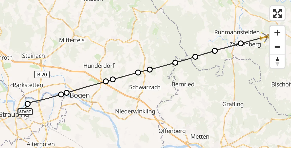 Flugroute Rettungshubschrauber Sankt Elisabeth Hospital Straubing - Zachenberg, 07 Juni 2026, 11:58