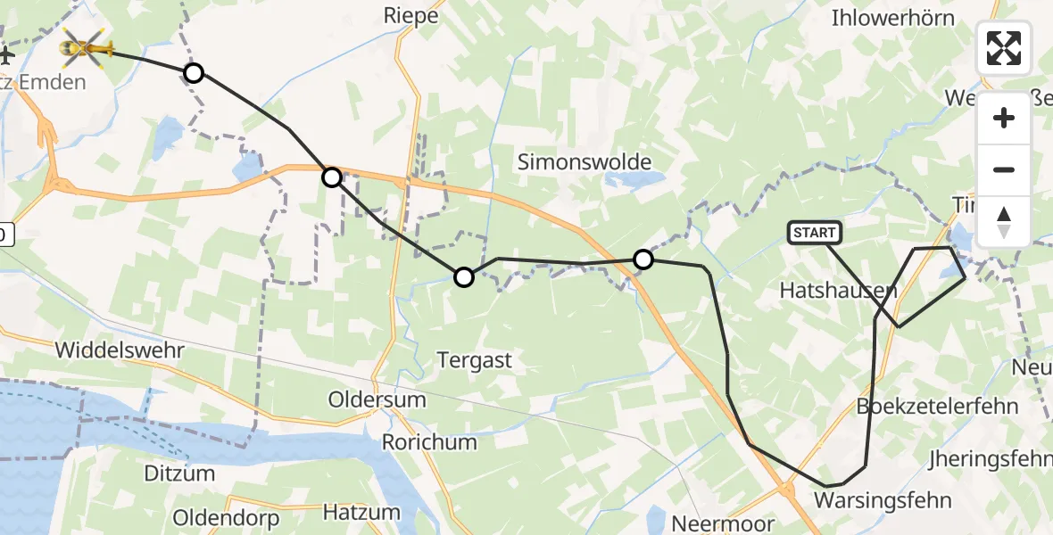 Flugroute Ambulanzhubschrauber Moormerland - Emden, 07 Juni 2026, 11:59