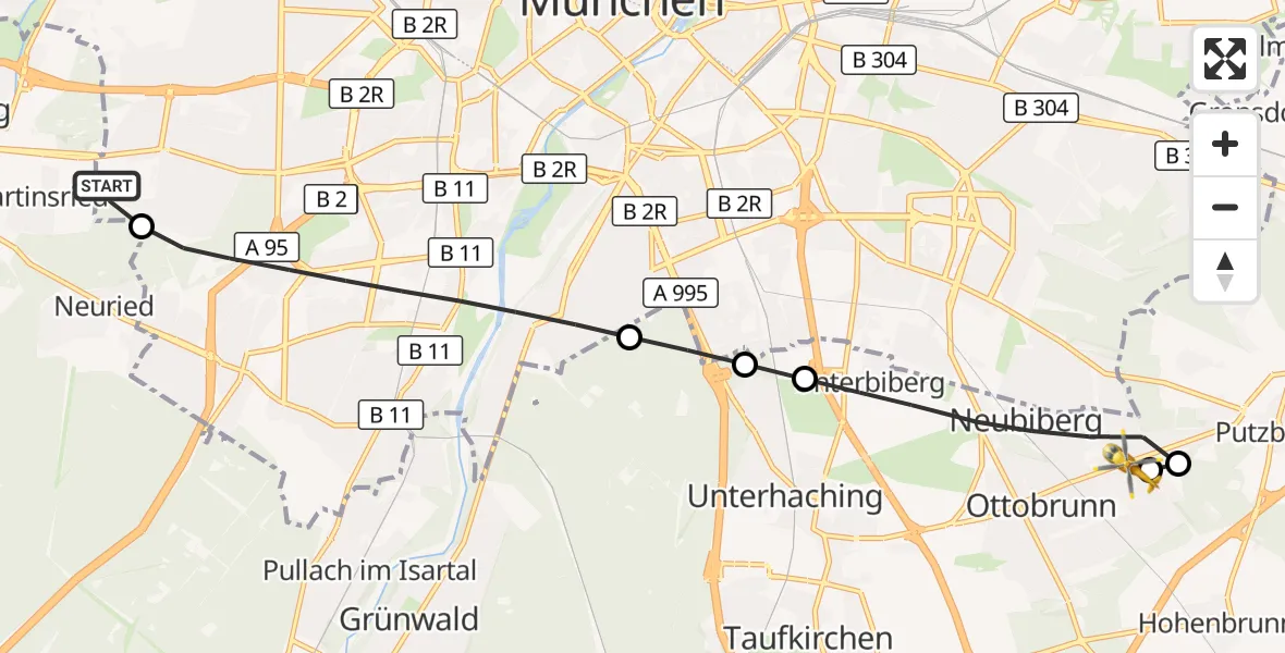Flugroute Rettungshubschrauber DRF Air Rescue München Hubschrauberlandeplatz - Ottobrunn, 07 Juni 2026, 12:03