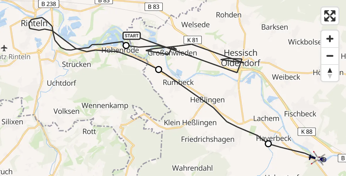 Flugroute Polizeihubschrauber Hessisch Oldendorf - Hameln, 07 Juni 2026, 12:10