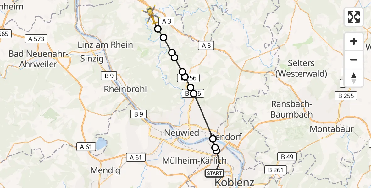 Flugroute Rettungshubschrauber Koblenz - Neustadt (Wied), 07 Juni 2026, 12:16