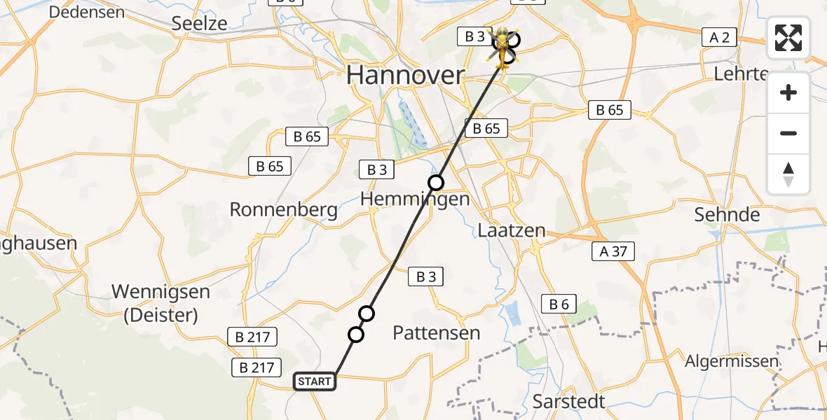 Flugroute Rettungshubschrauber Springe - Hannover Luftrettung Hubschrauberlandeplatz (Christoph 4), 07 Juni 2026, 12:22