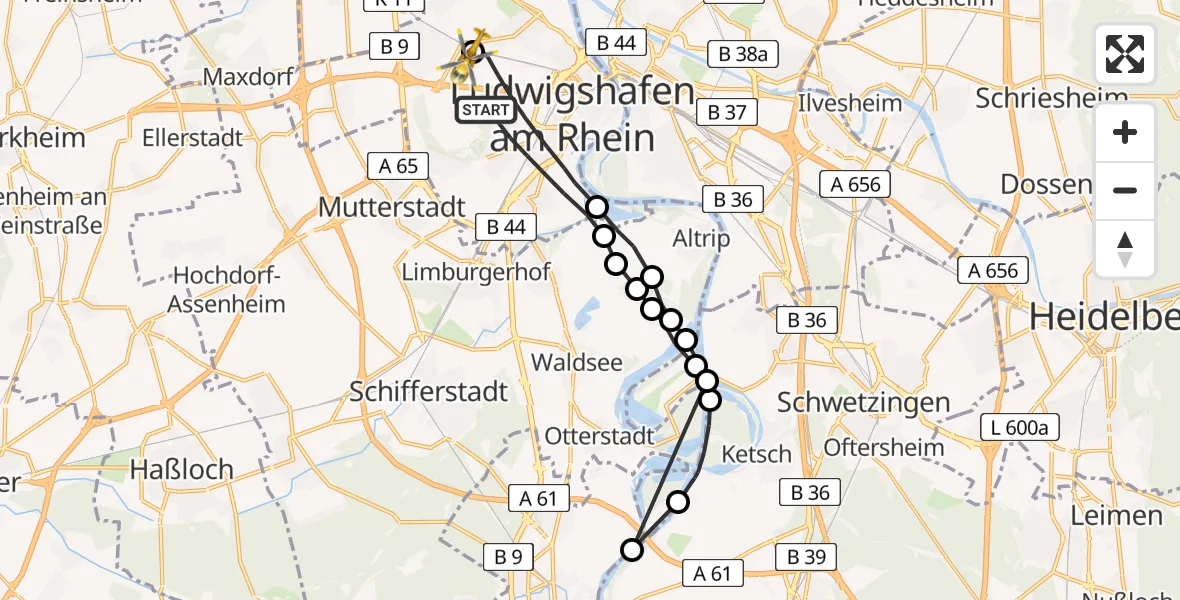 Flugroute Rettungshubschrauber Ludwigshafen am Rhein - Ludwigshafen Accident Hospital, 07 Juni 2026, 12:44