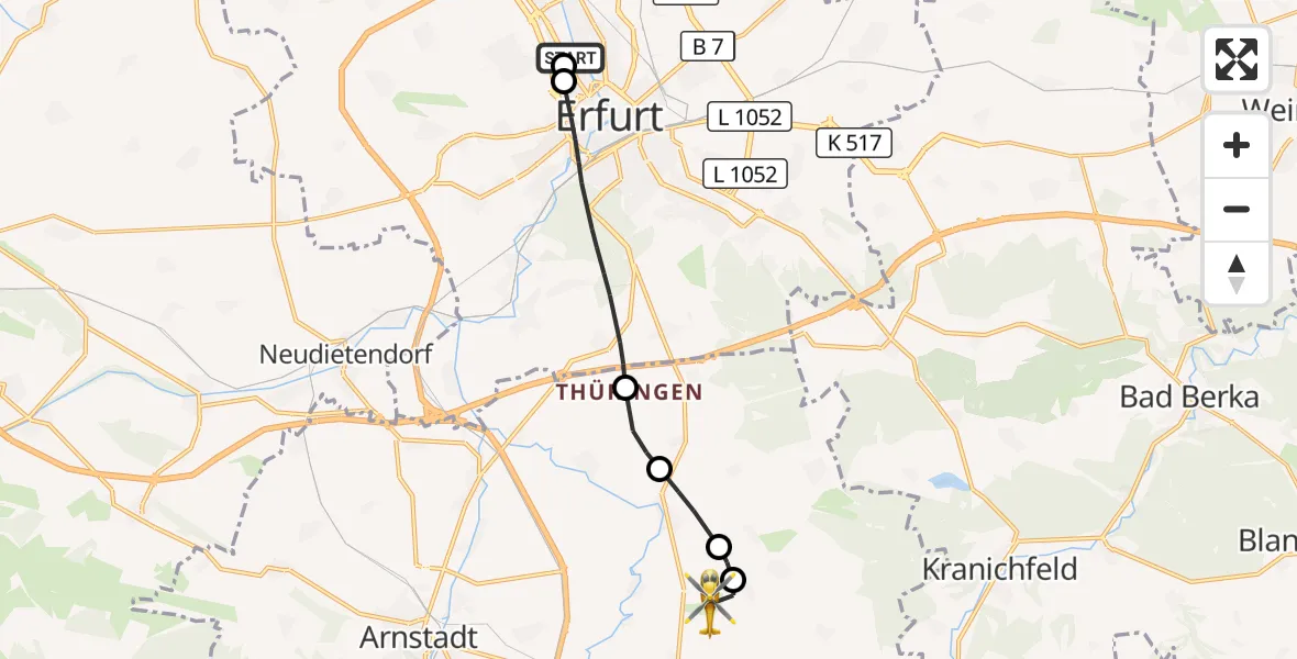 Flugroute Rettungshubschrauber Helios Clinic Erfurt - Arnstadt-Alkersleben Flugplatz, 07 Juni 2026, 12:49