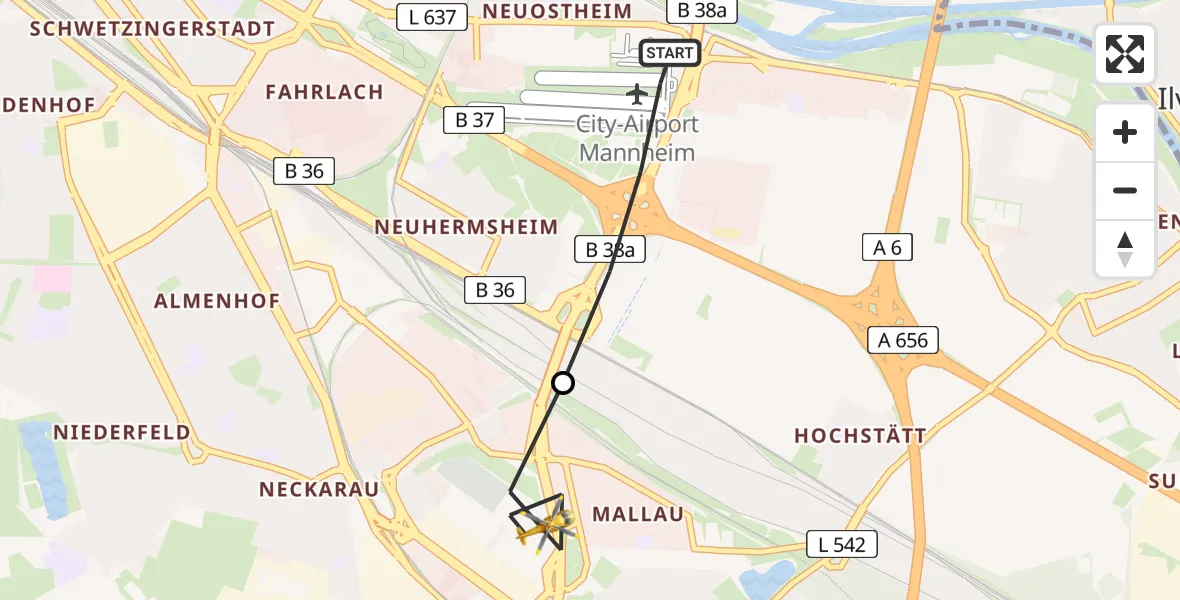 Flugroute Rettungshubschrauber Mannheim-City Flughafen - Mannheim, 07 Juni 2026, 12:50