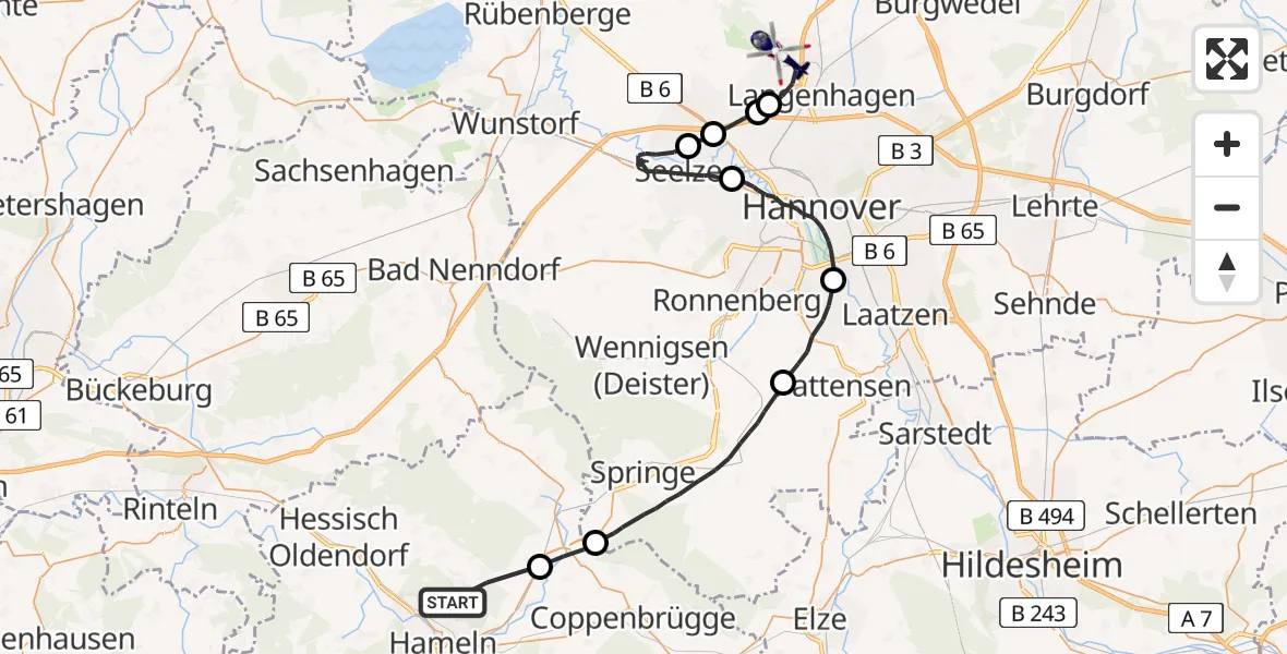 Flugroute Polizeihubschrauber Hameln - Flughafen Hannover, 07 Juni 2026, 12:52
