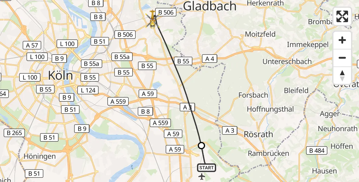 Flugroute Rettungshubschrauber Köln Bonn Flughafen - Köln, 07 Juni 2026, 12:57