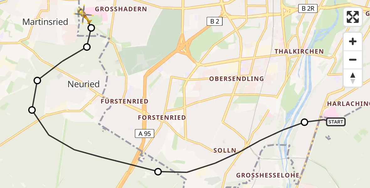 Flugroute Rettungshubschrauber ADAC Air Rescue Center Hubschrauberlandeplatz (Christoph 1) - DRF Air Rescue München Hubschrauberlandeplatz, 07 Juni 2026, 13:00
