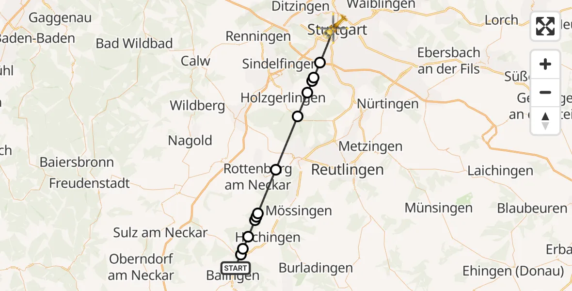 Flugroute Ambulanzhubschrauber Balingen - Stuttgart, 07 Juni 2026, 13:02