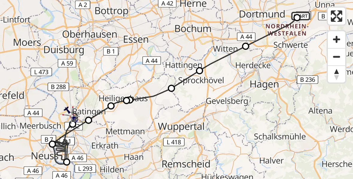Flugroute Polizeihubschrauber Dortmund Flughafen - Düsseldorf Flughafen, 07 Juni 2026, 13:04