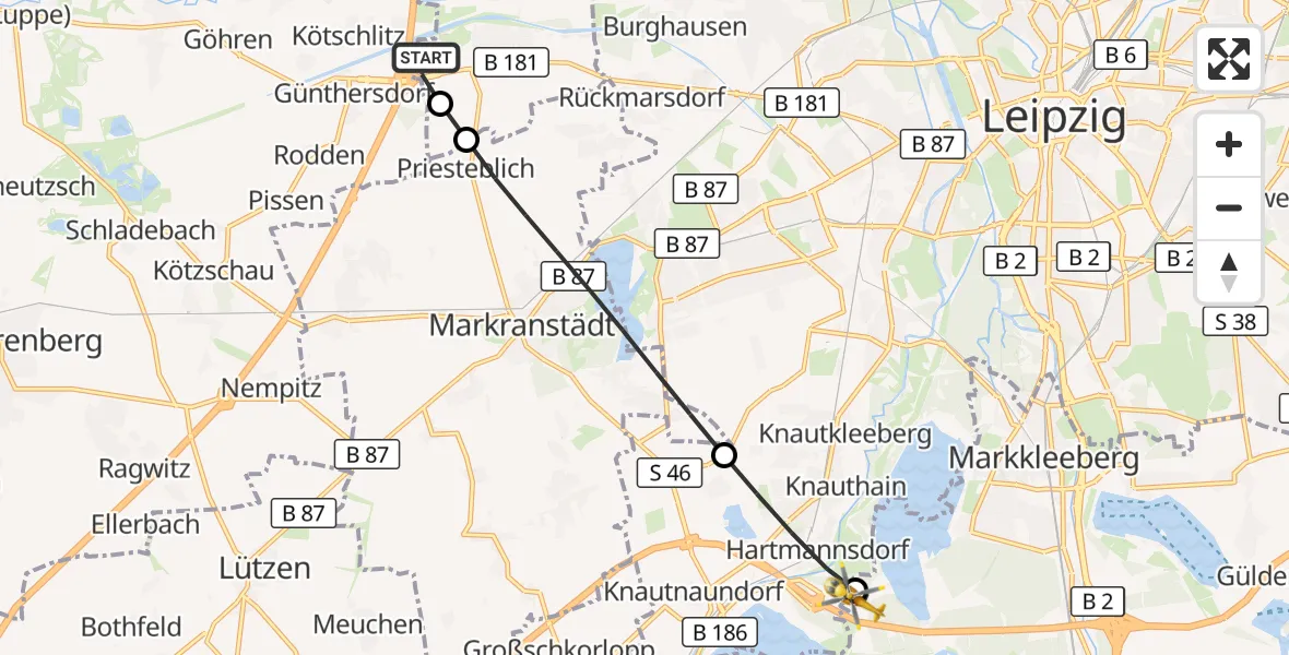 Flugroute Rettungshubschrauber ADAC Air Rescue Station Leipzig/Schkeuditz-Dölzig Hubschrauberlandeplatz (Christoph 61) - Zwenkau, 07 Juni 2026, 13:08