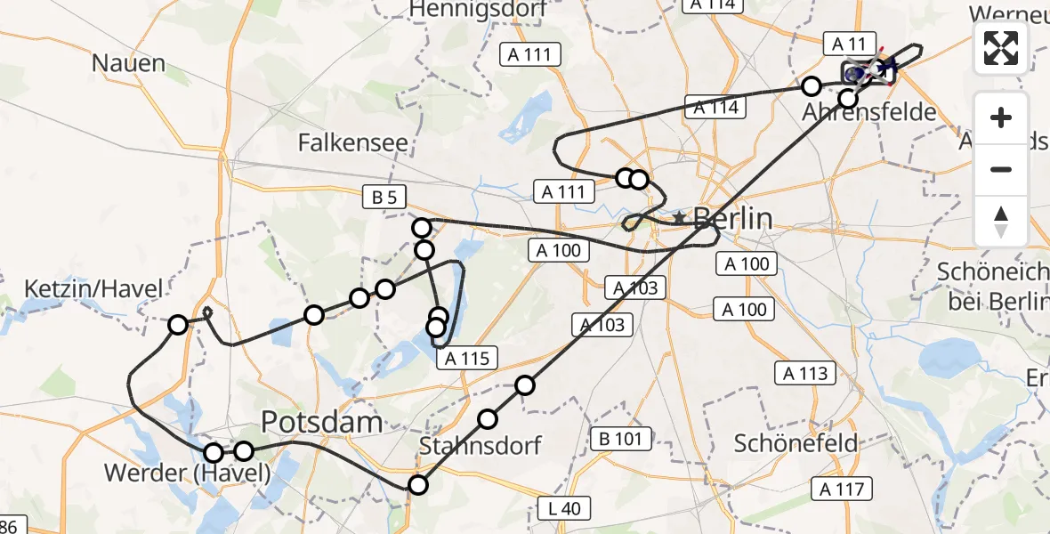 Flugroute Polizeihubschrauber Ahrensfelde Hubschrauberlandeplatz - Ahrensfelde Hubschrauberlandeplatz, 07 Juni 2026, 13:11