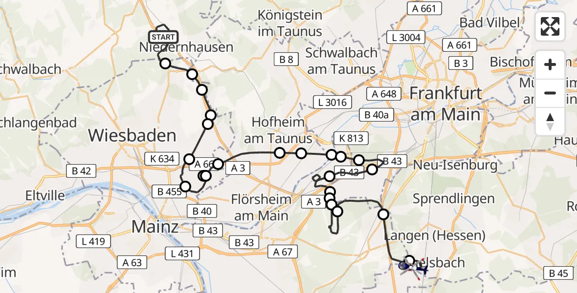 Flugroute Polizeihubschrauber Niedernhausen - Flughafen Frankfurt-Egelsbach, 07 Juni 2026, 13:13