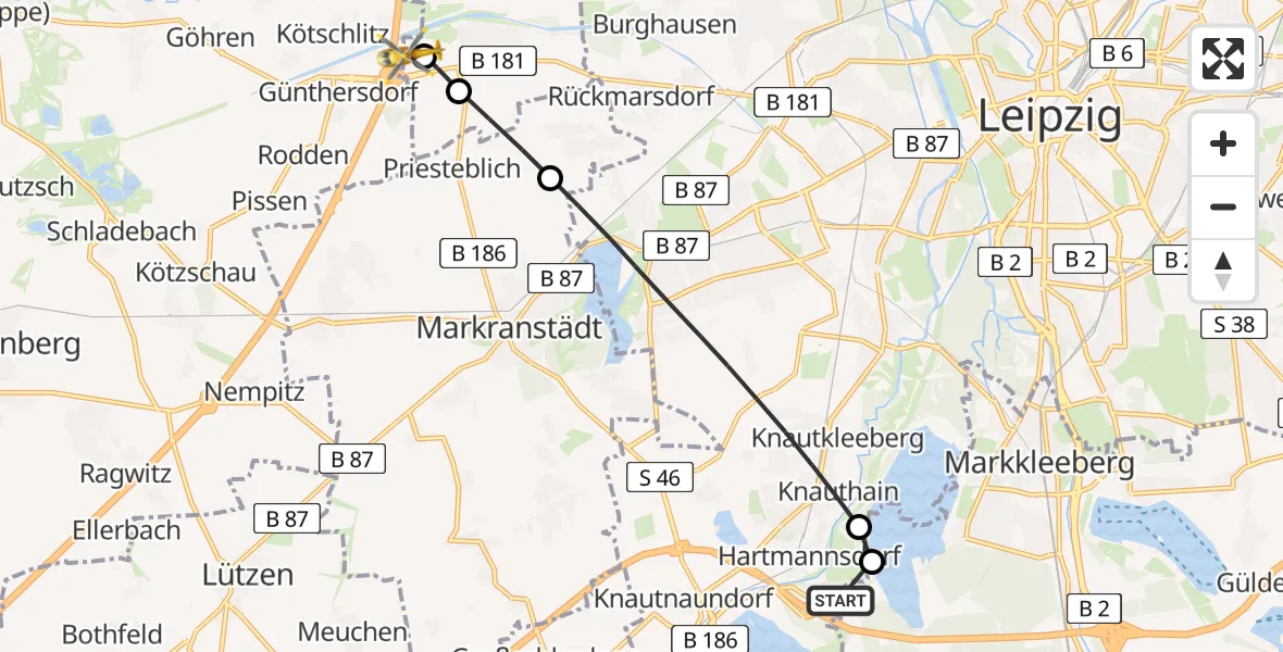 Flugroute Rettungshubschrauber Zwenkau - ADAC Air Rescue Station Leipzig/Schkeuditz-Dölzig Hubschrauberlandeplatz (Christoph 61), 07 Juni 2026, 13:15
