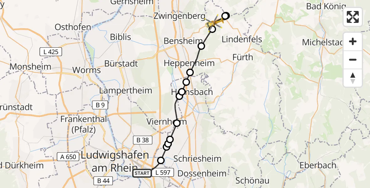 Flugroute Rettungshubschrauber Mannheim - Lautertal (Odenwald), 07 Juni 2026, 13:25