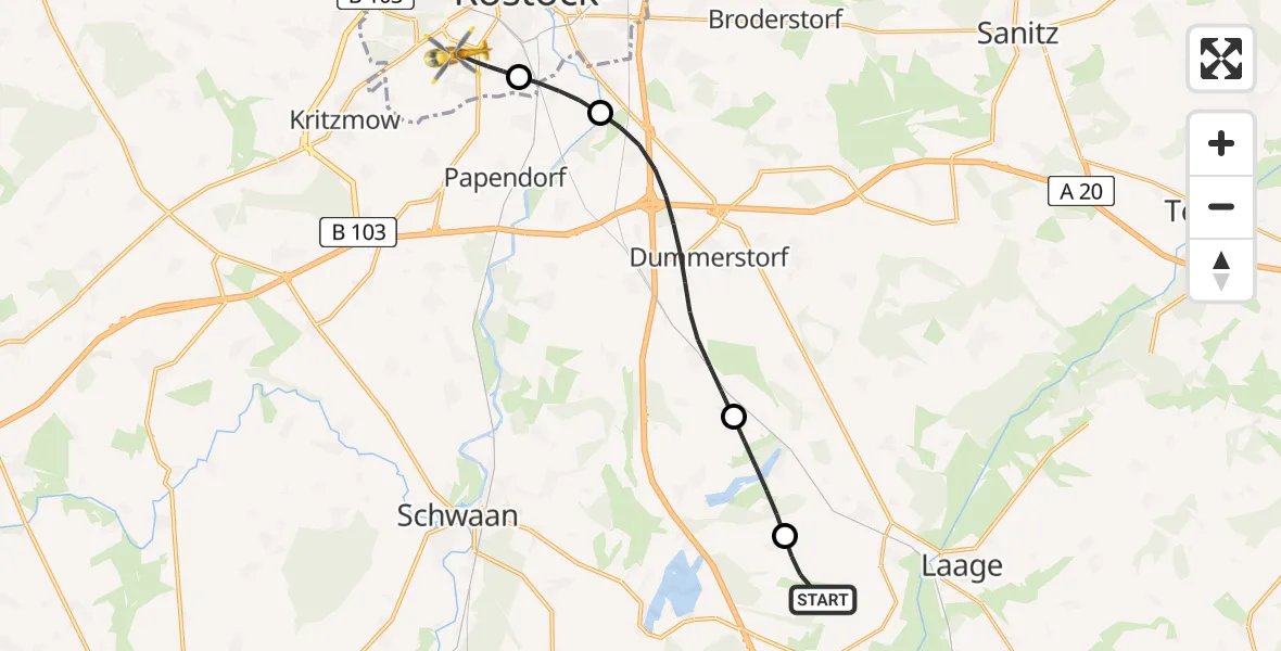 Flugroute Rettungshubschrauber Flughafen Rostock-Laage - Rostock, 07 Juni 2026, 13:29