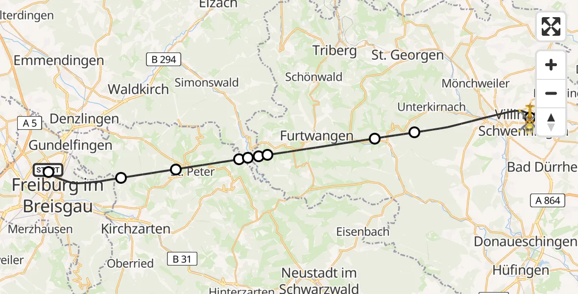Flugroute Rettungshubschrauber Freiburg im Breisgau Flugplatz - DRF Air Rescue Station Villingen-Schwenningen Hubschrauberlandeplatz (Christoph 11), 07 Juni 2026, 13:30