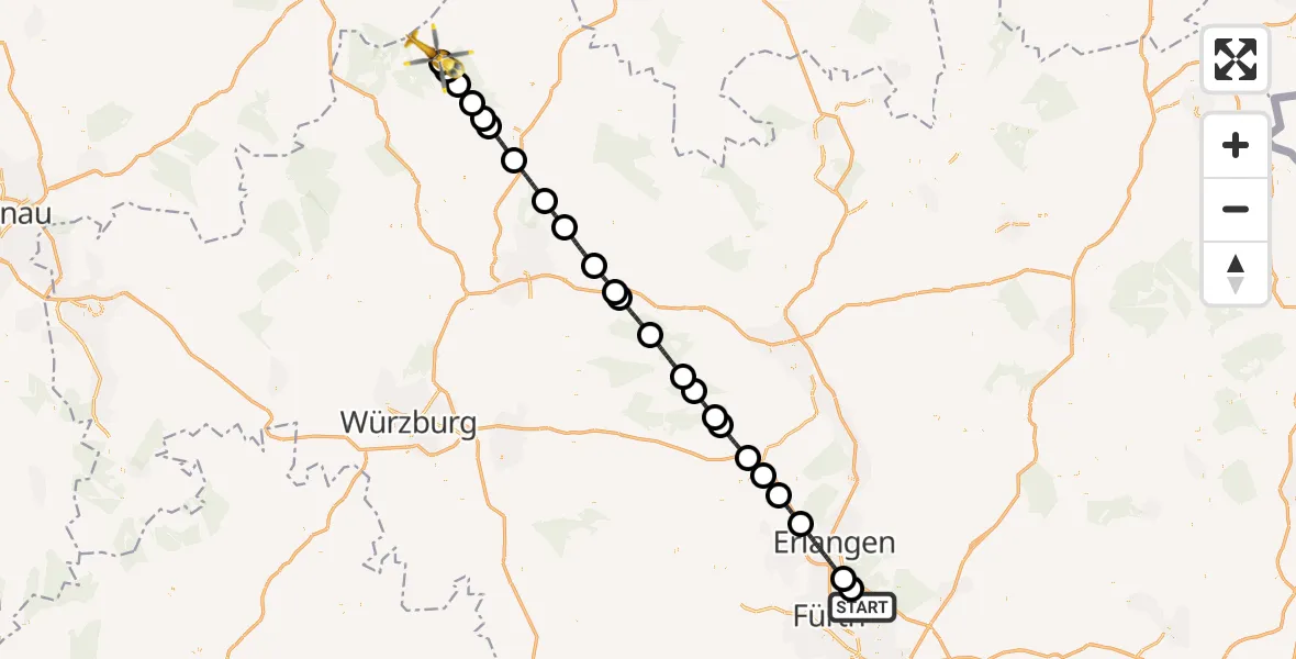 Flugroute Ambulanzhubschrauber Flughafen Nuremberg - Bischofsheim i.d.Rhön, 07 Juni 2026, 13:33