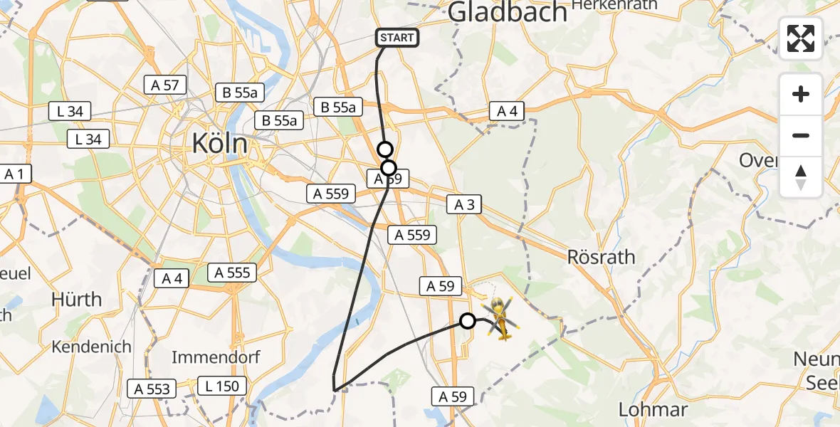 Flugroute Rettungshubschrauber Köln - Köln Bonn Flughafen, 07 Juni 2026, 13:35