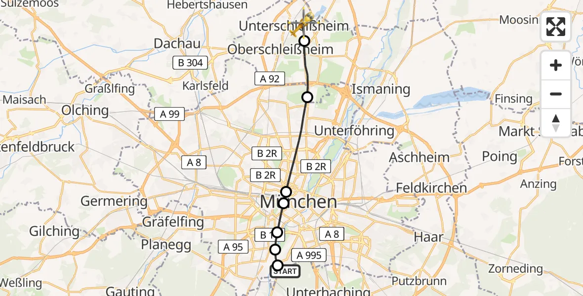 Flugroute Rettungshubschrauber ADAC Air Rescue Center Hubschrauberlandeplatz (Christoph 1) - Unterschleißheim, 07 Juni 2026, 13:53