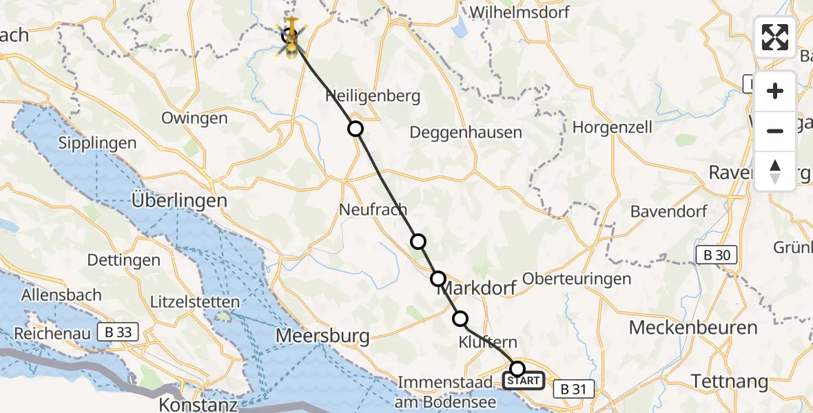 Flugroute Rettungshubschrauber Friedrichshafen Hospital - Heiligenberg, 07 Juni 2026, 13:59