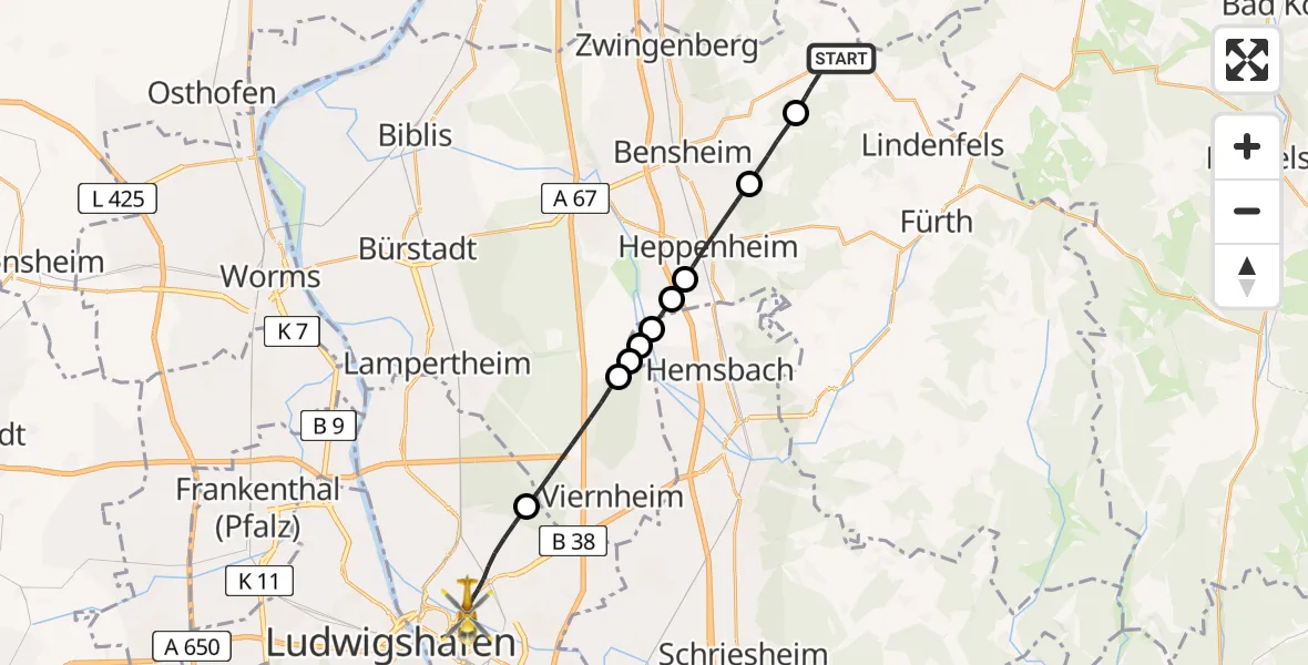 Flugroute Rettungshubschrauber Lautertal (Odenwald) - Mannheim, 07 Juni 2026, 14:03