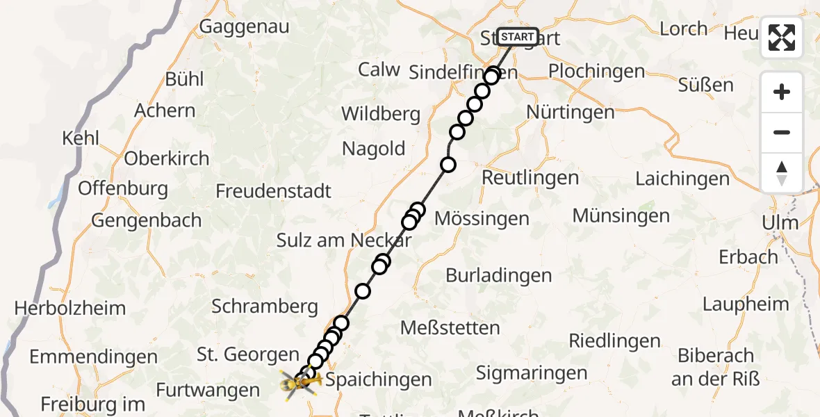 Flugroute Ambulanzhubschrauber Stuttgart - DRF Air Rescue Station Villingen-Schwenningen Hubschrauberlandeplatz (Christoph 11), 07 Juni 2026, 14:18