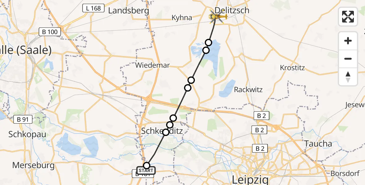 Flugroute Rettungshubschrauber ADAC Air Rescue Station Leipzig/Schkeuditz-Dölzig Hubschrauberlandeplatz (Christoph 61) - Delitzsch, 07 Juni 2026, 14:24