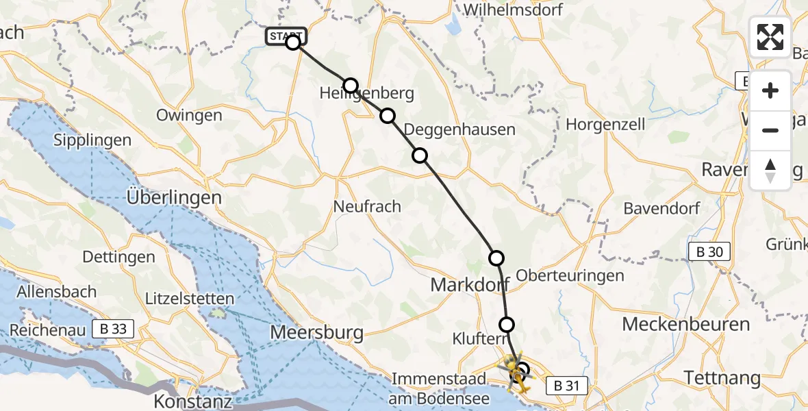Flugroute Rettungshubschrauber Heiligenberg - Friedrichshafen Hospital, 07 Juni 2026, 14:35