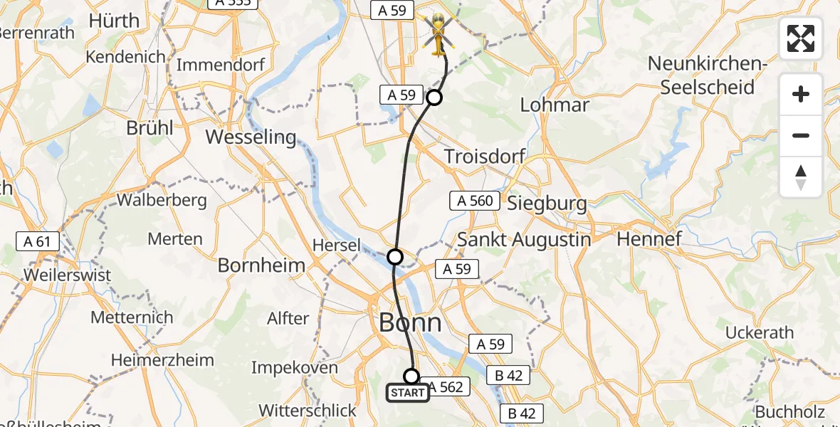 Flugroute Rettungshubschrauber Bonn University Hospital - Köln Bonn Flughafen, 07 Juni 2026, 14:44