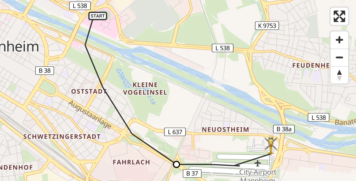 Flugroute Rettungshubschrauber Mannheim - Mannheim-City Flughafen, 07 Juni 2026, 14:46