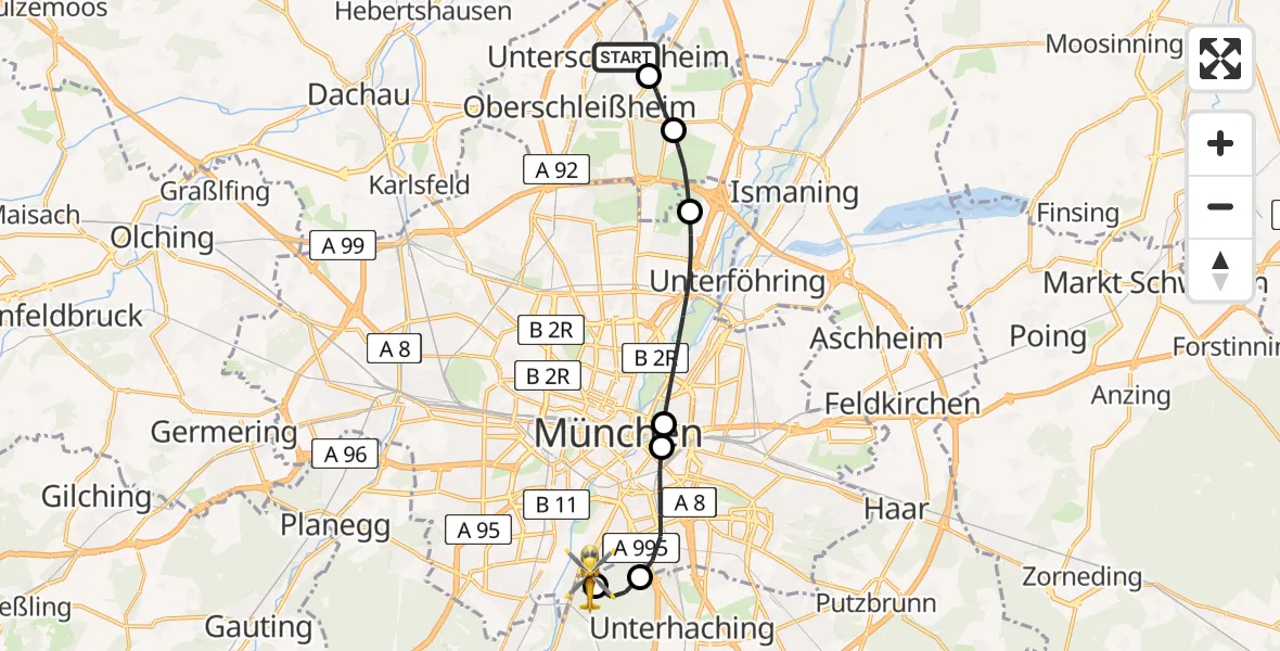 Flugroute Rettungshubschrauber Unterschleißheim - ADAC Air Rescue Center Hubschrauberlandeplatz (Christoph 1), 07 Juni 2026, 14:46