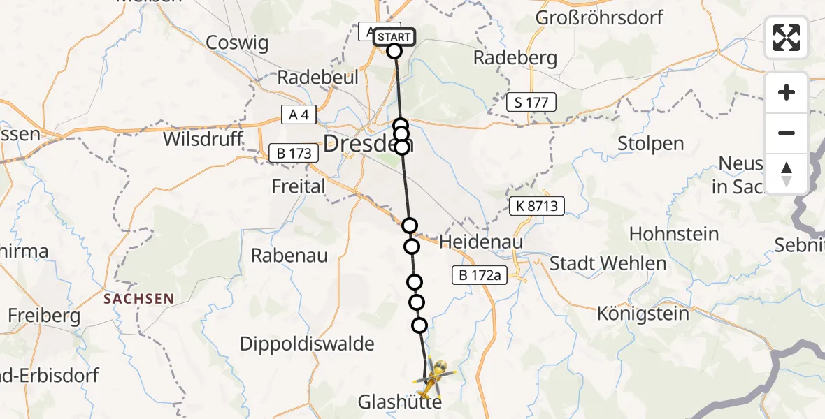 Flugroute Rettungshubschrauber Dresden Flughafen - Liebstadt, 07 Juni 2026, 14:48